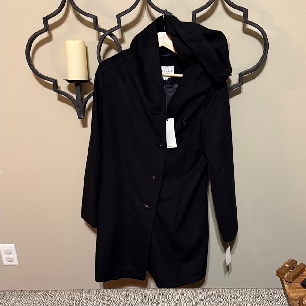 Cole Haan Classic Black Single Breasted Wool Blend Trench Coat with Hood